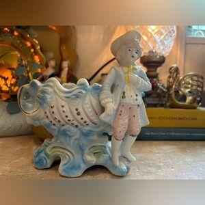 Vintage Victorian Bisque Colonial Boy Blue Ornate Shell Planter Vintage Japan
